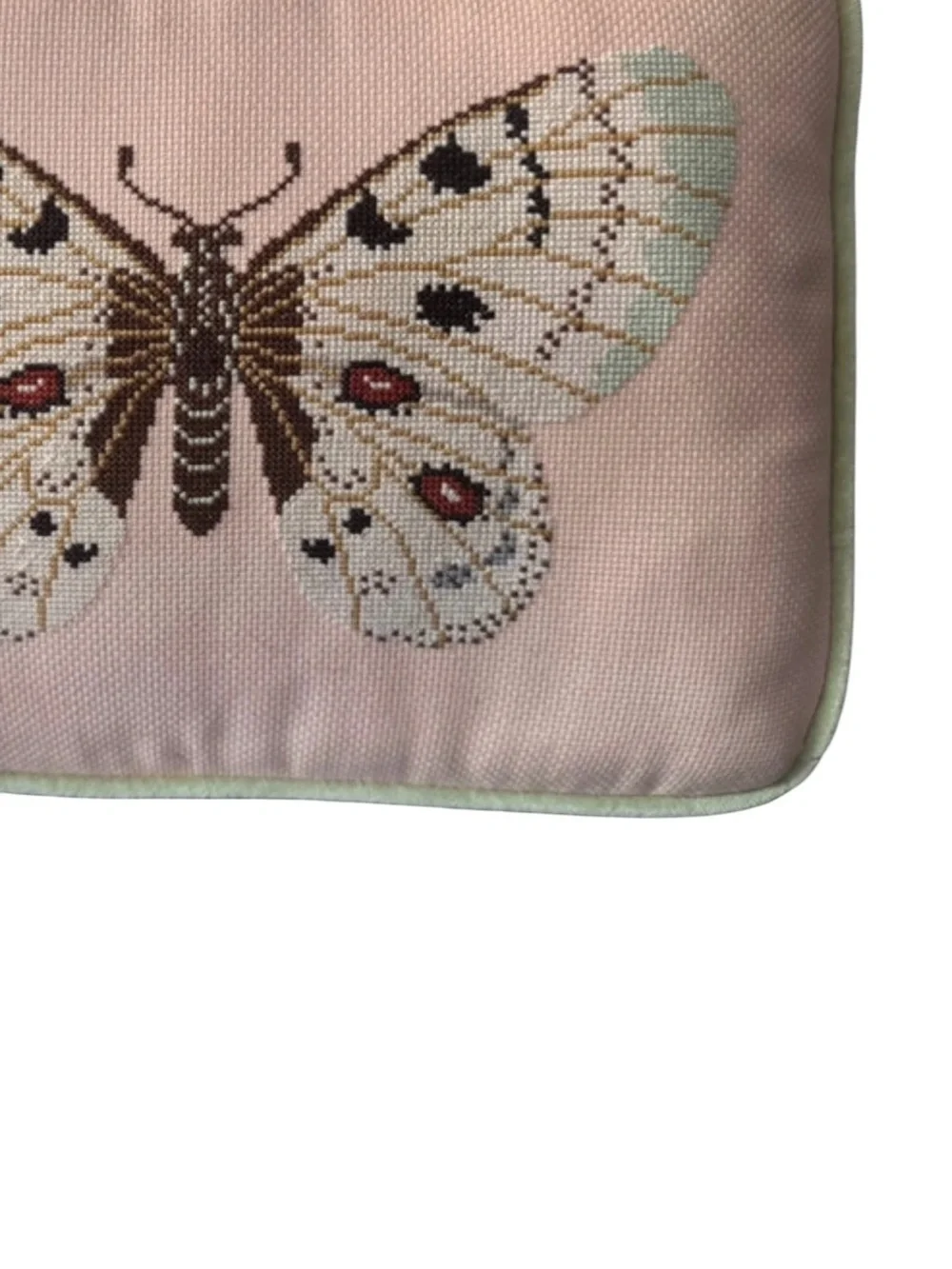 Pink Butterfly Embroidered Accent Pillow with Green Piping